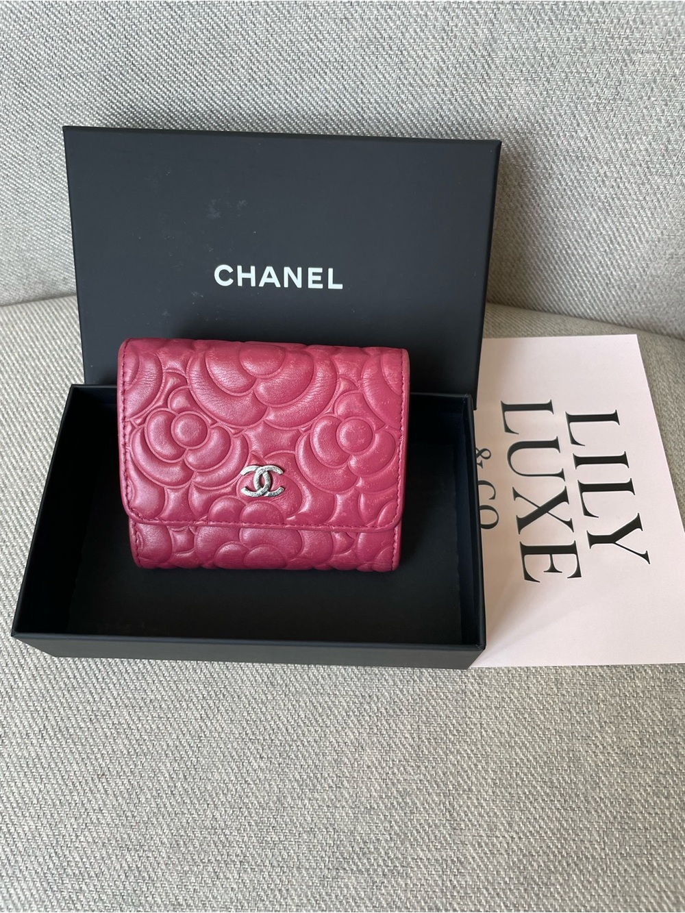 CHANEL Camellia Quilted Leather Small Wallet in Fuchsia
